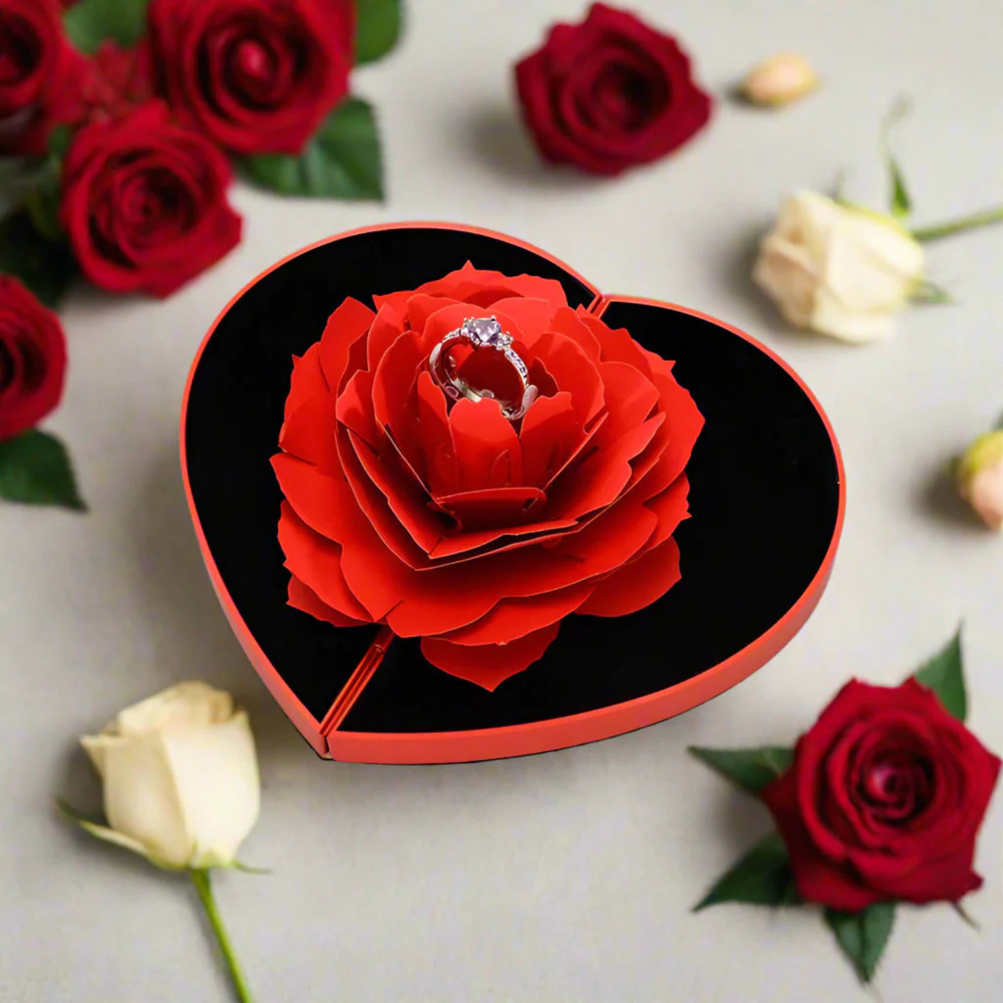 3D Rose Pop-Up Ring Gift Box with Adjustable Silver Ring – Luxury Heart-Shaped Jewelry Box Main image