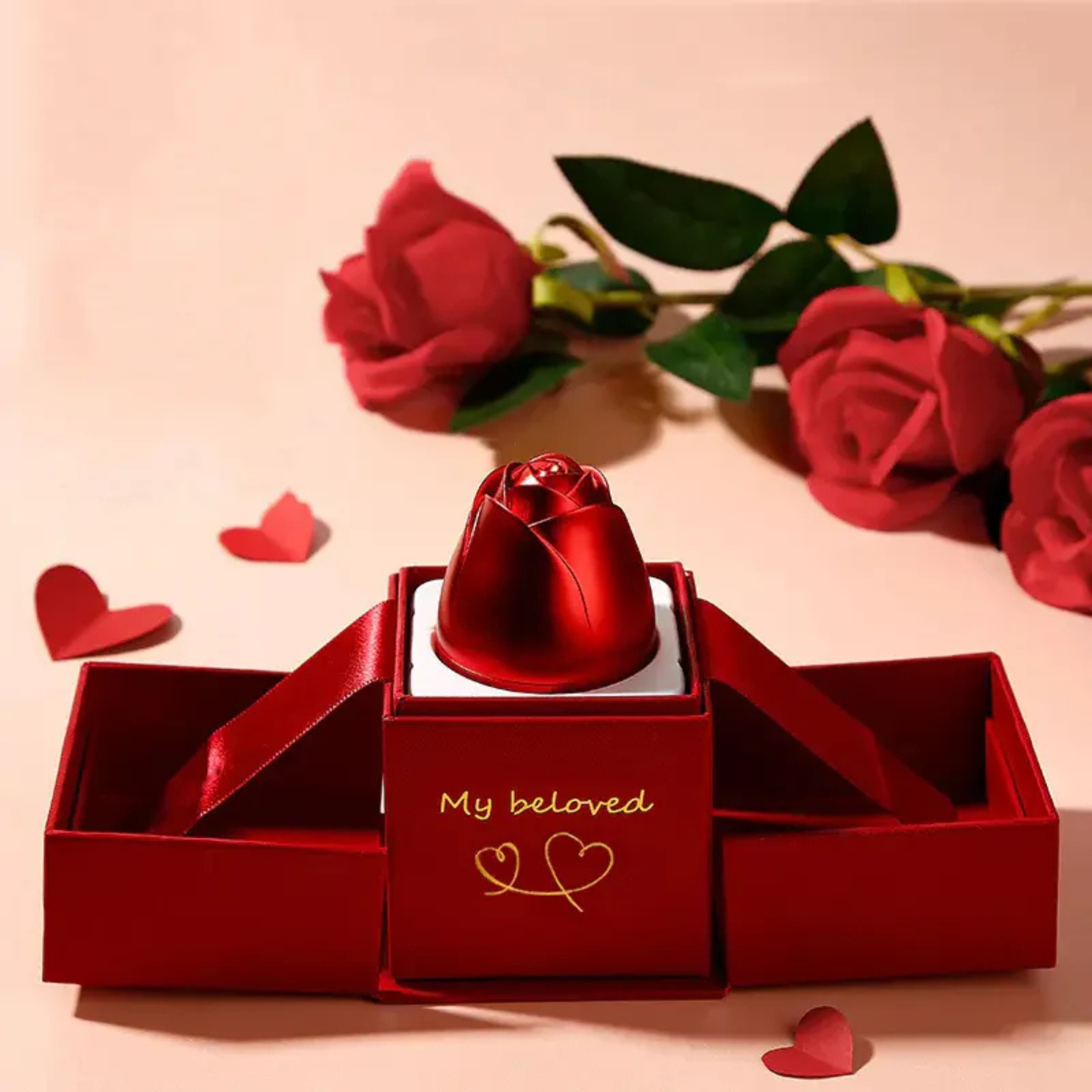 Double Door Lifting Rose Jewelry Box with Adjustable Silver Ring – Romantic Gift Box