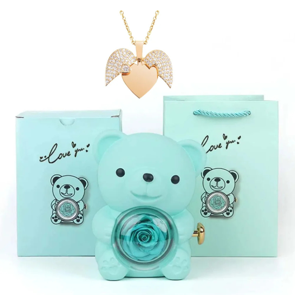 Teddy Bear Eternal Rose Box with Heart Necklace – Luxury Gift for Women - Large