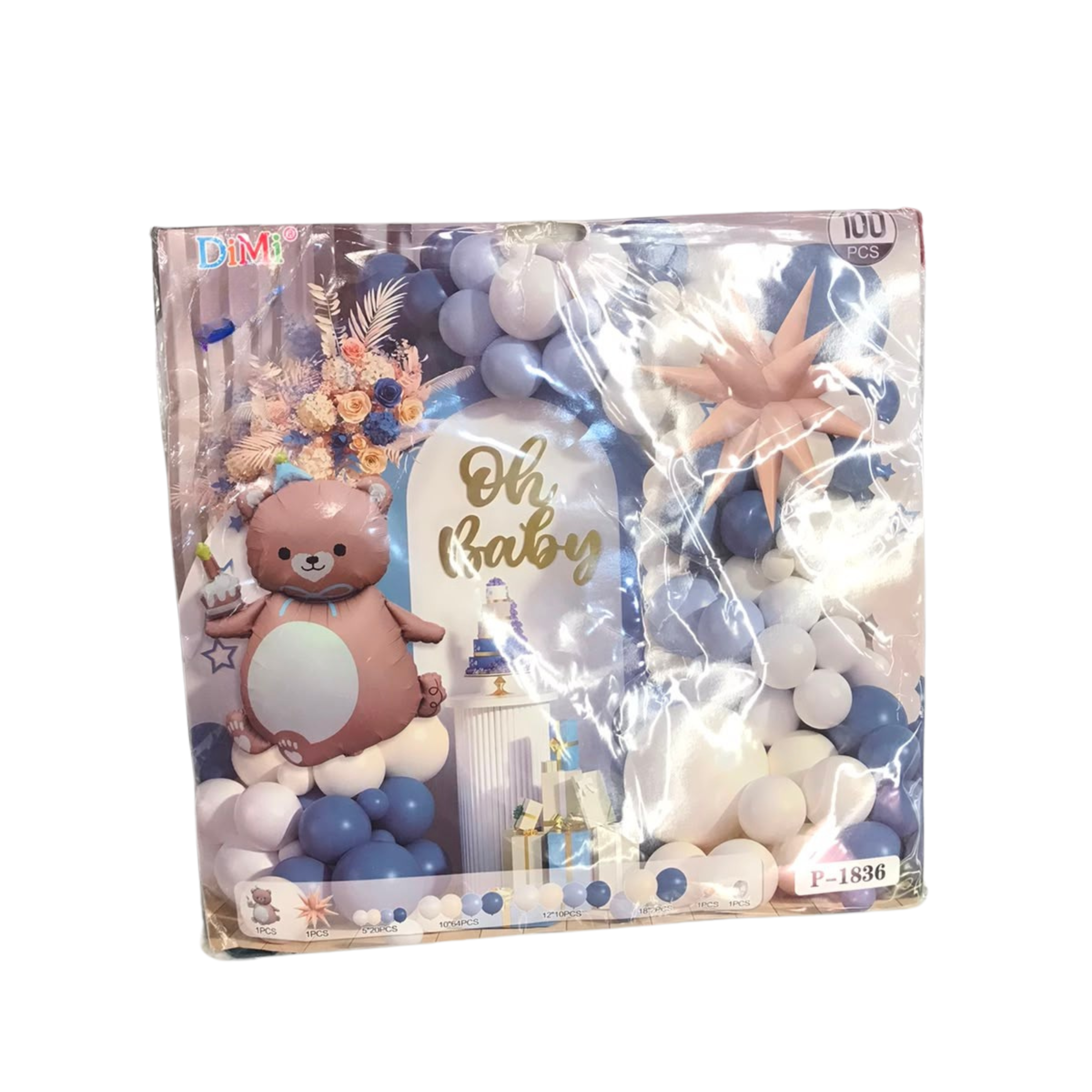 DiMi 100pcs Teddy Bear Baby Shower Balloon Arch Kit – Oh Baby Blue & White Garland Set (P-1836) Main image