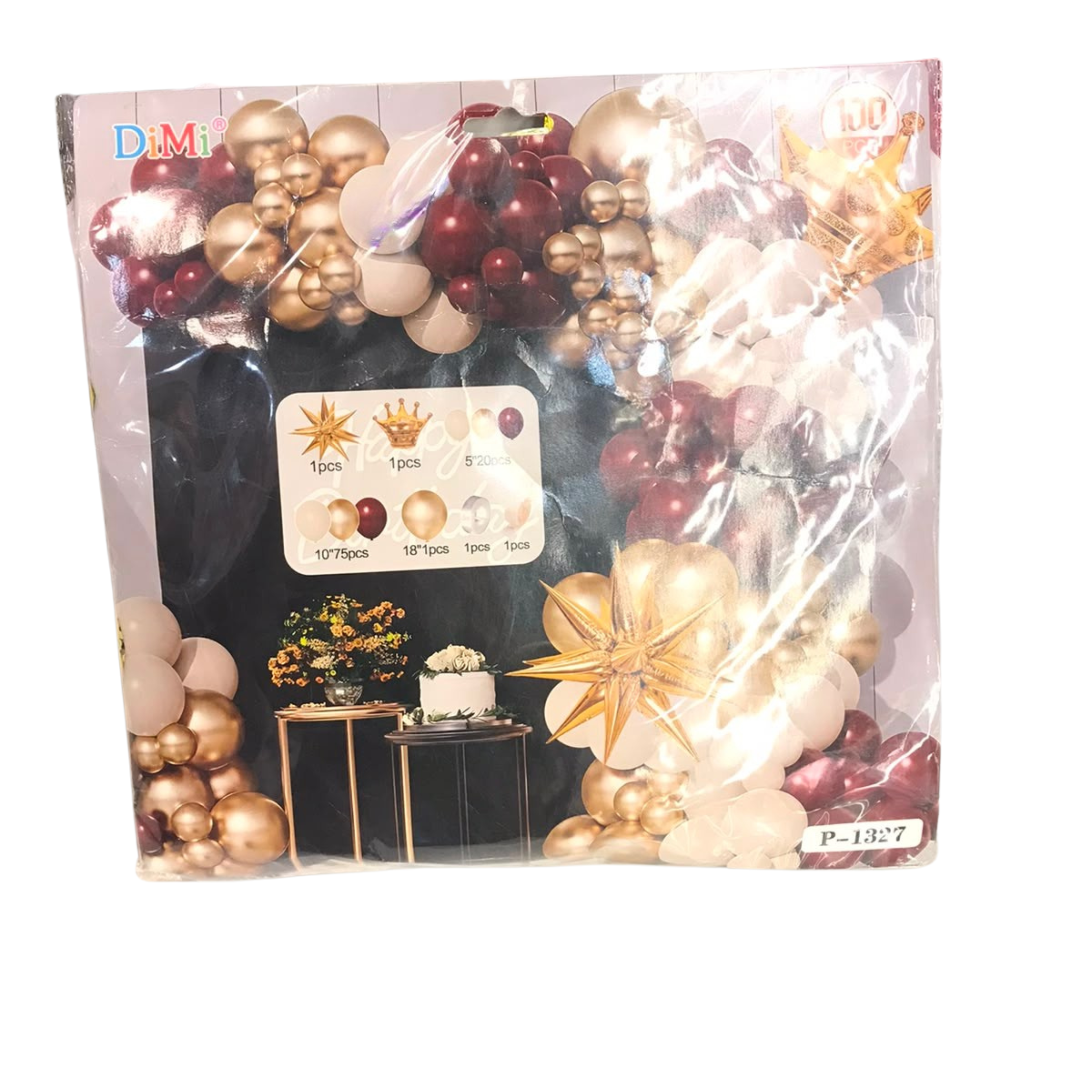 DiMi 100pcs Burgundy & Gold Balloon Arch Kit – Royal Birthday Garland Set with Crown Foil (P-1327) Main image