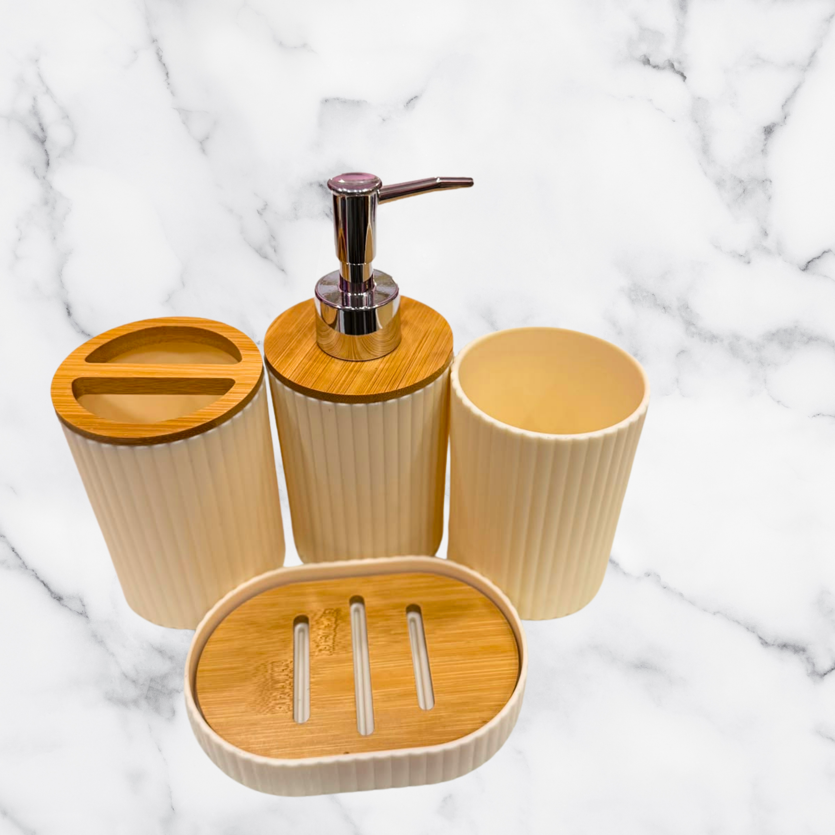 Modern 4-Piece Fluted Bathroom Accessories Set with Eco-Friendly Bamboo Accents Main image