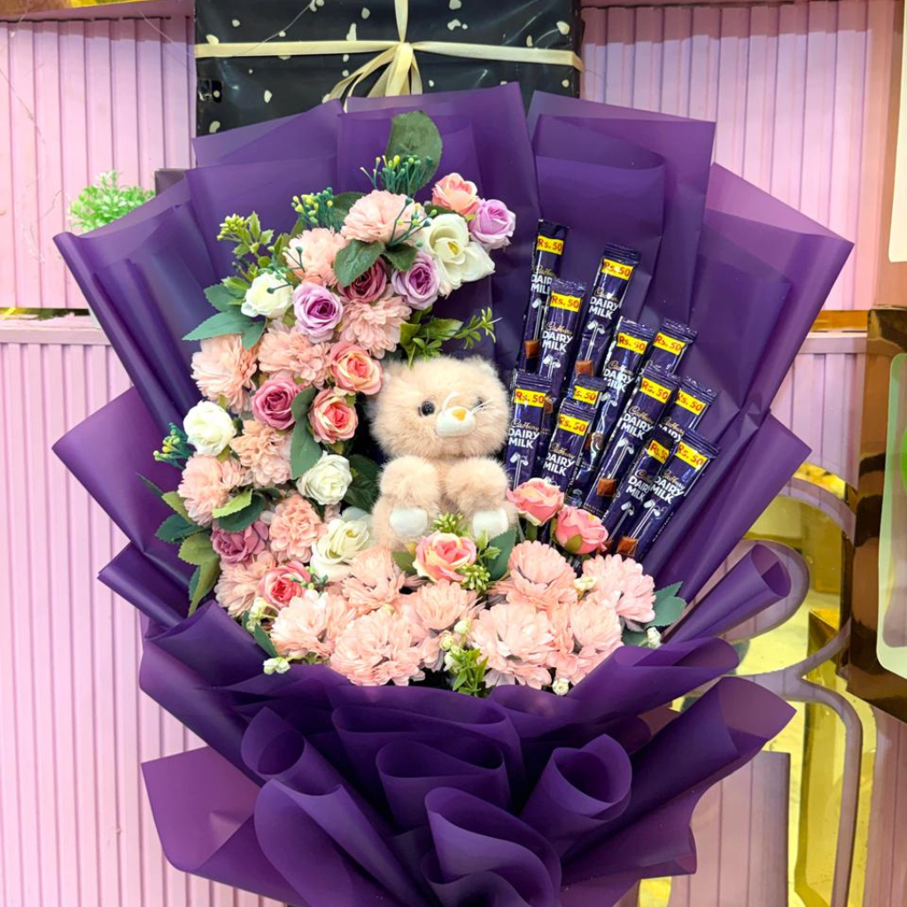 Deluxe Teddy, Flower & Chocolate Combo Bouquet
