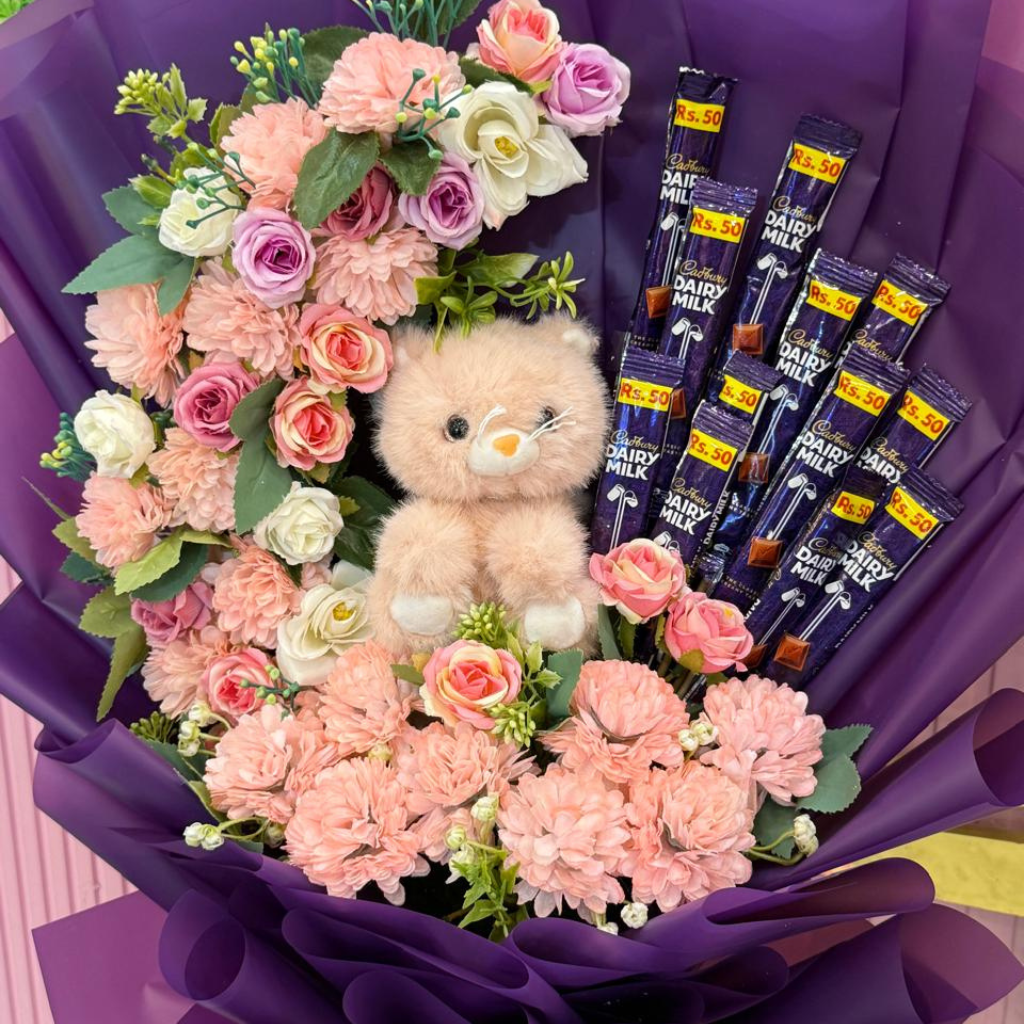 Deluxe Teddy, Flower & Chocolate Combo Bouquet Main image
