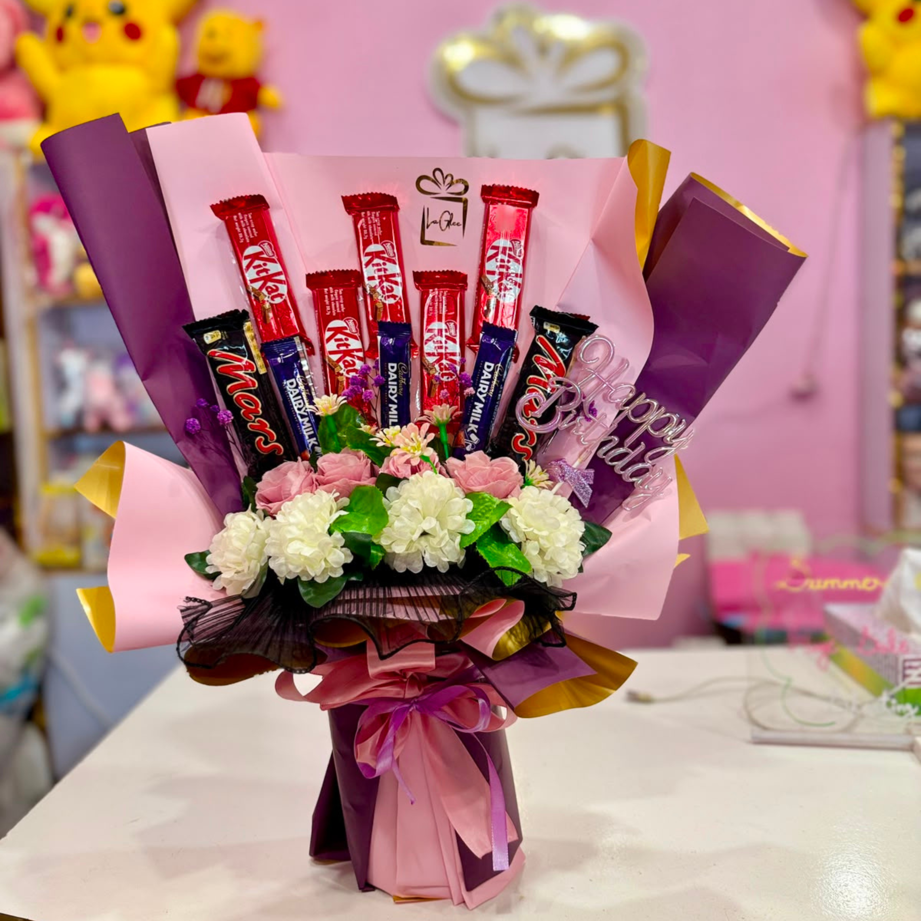 Luxury Chocolate & Floral Bouquet – Premium Birthday Gift Arrangement with KitKat, Mars, Dairy Milk, and Artificial Roses Secondary image