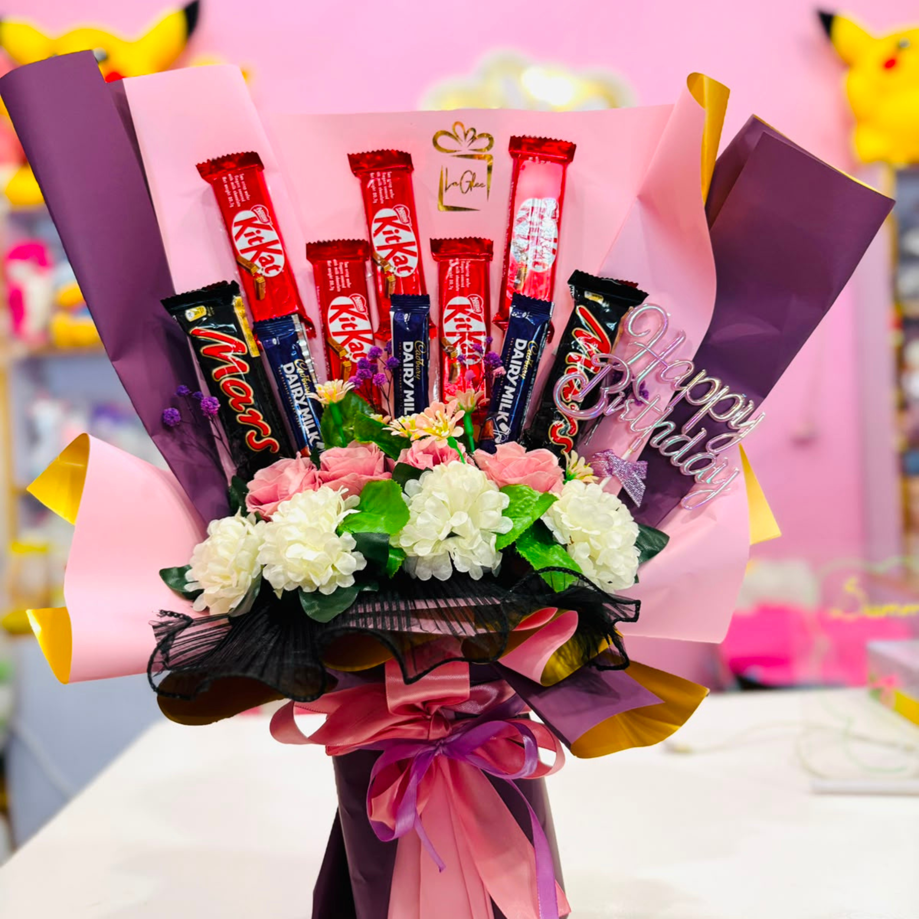 Luxury Chocolate & Floral Bouquet – Premium Birthday Gift Arrangement with KitKat, Mars, Dairy Milk, and Artificial Roses Main image