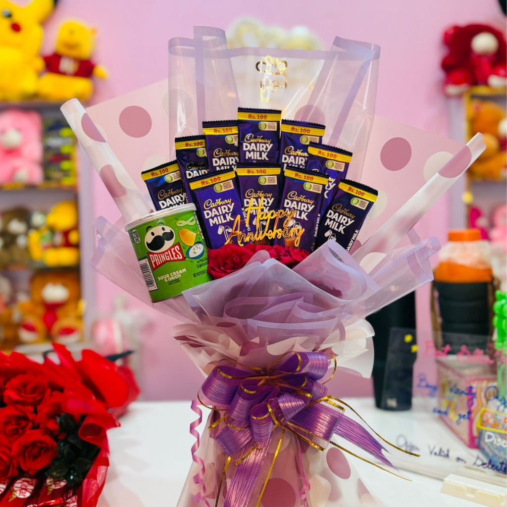 Lilac Luxe Chocolate Bloom Bouquet – Dairy Milk & Pringles Edition Main image