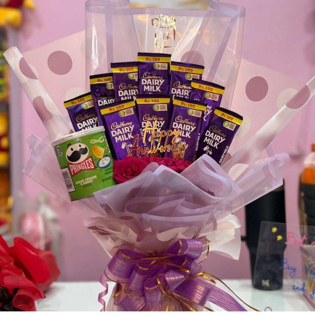 Lilac Luxe Chocolate Bloom Bouquet – Dairy Milk & Pringles Edition Secondary image