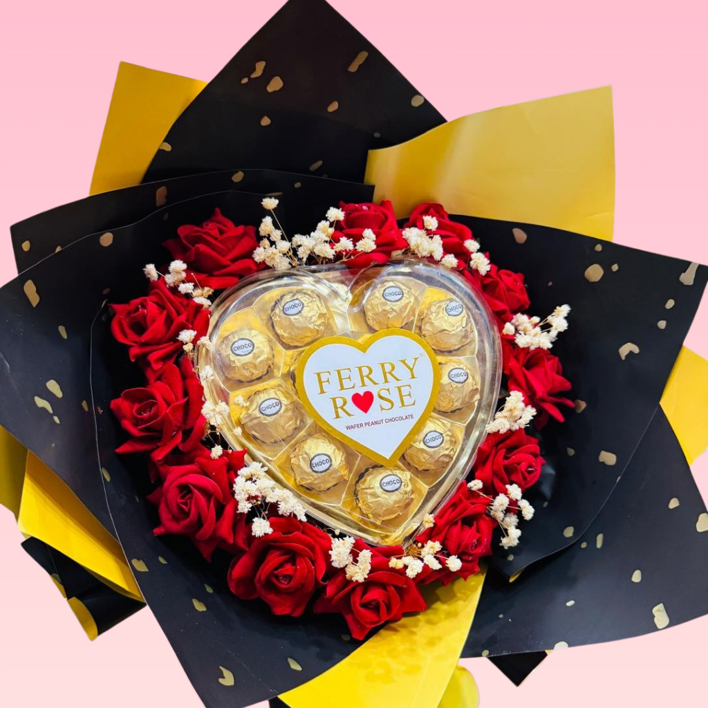 Luxury Ferry Rose Chocolate and Red Rose Gift Bouquet with Premium Gold Foil Wrapping Main image