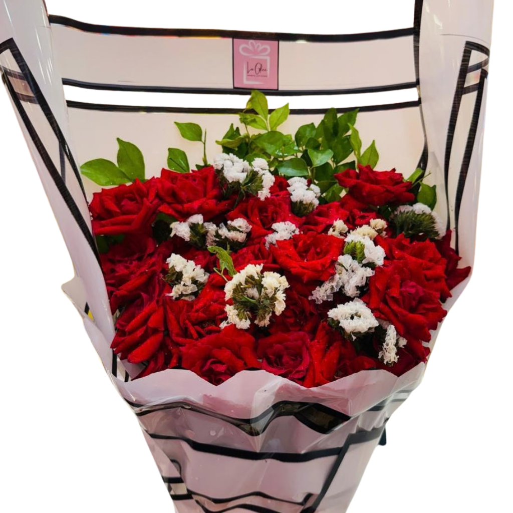 Red Roses and White Fillers with a Festive Satin Bow Main image