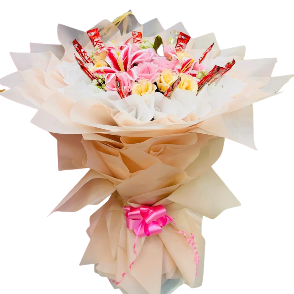 Pink Roses, Yellow Roses, Stargazer Lilies & KitKats