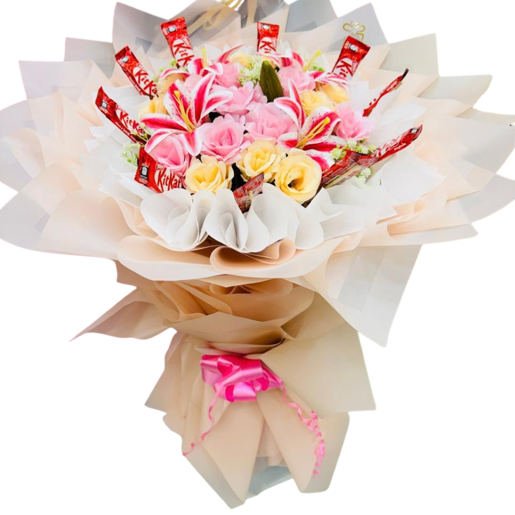 Pink Roses, Yellow Roses, Stargazer Lilies & KitKats