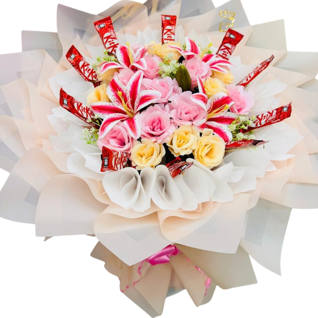 Pink Roses, Yellow Roses, Stargazer Lilies & KitKats