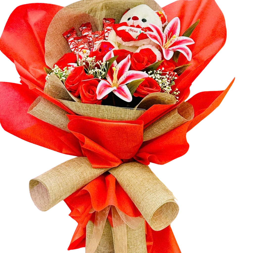 Red Roses, Pink Lilies, and KitKat Chocolate Gift Hamper