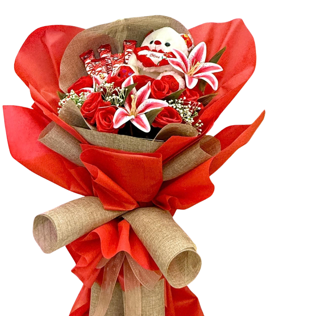 Red Roses, Pink Lilies, and KitKat Chocolate Gift Hamper