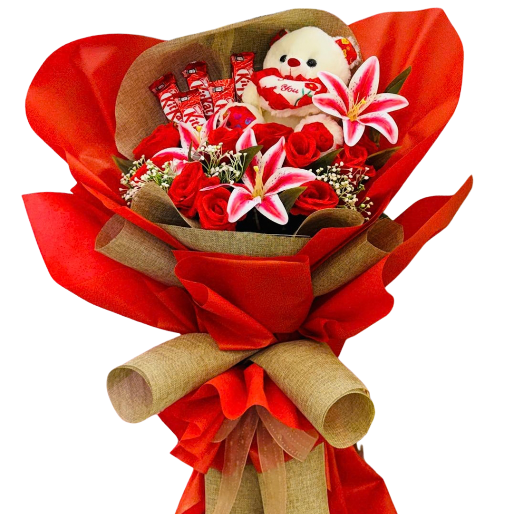 Red Roses, Pink Lilies, and KitKat Chocolate Gift Hamper Main image