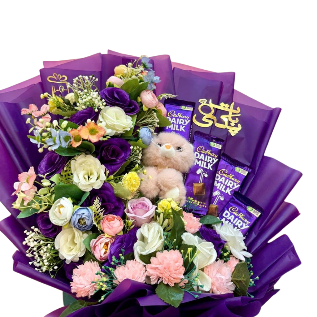 Luxury Cadbury Dairy Milk Gift Bouquet Premium Purple Floral Arrangement with Plush Teddy Secondary image