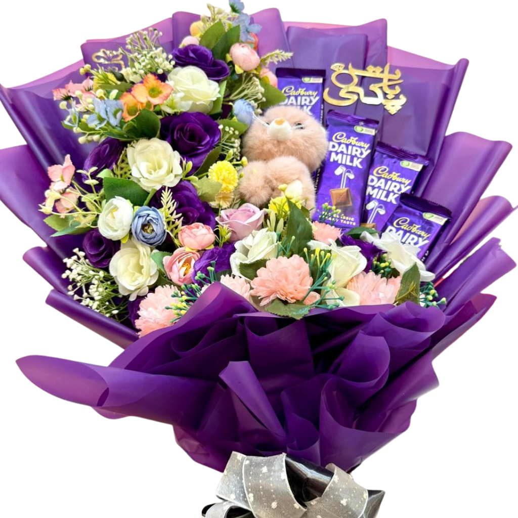 Luxury Cadbury Dairy Milk Gift Bouquet Premium Purple Floral Arrangement with Plush Teddy Main image