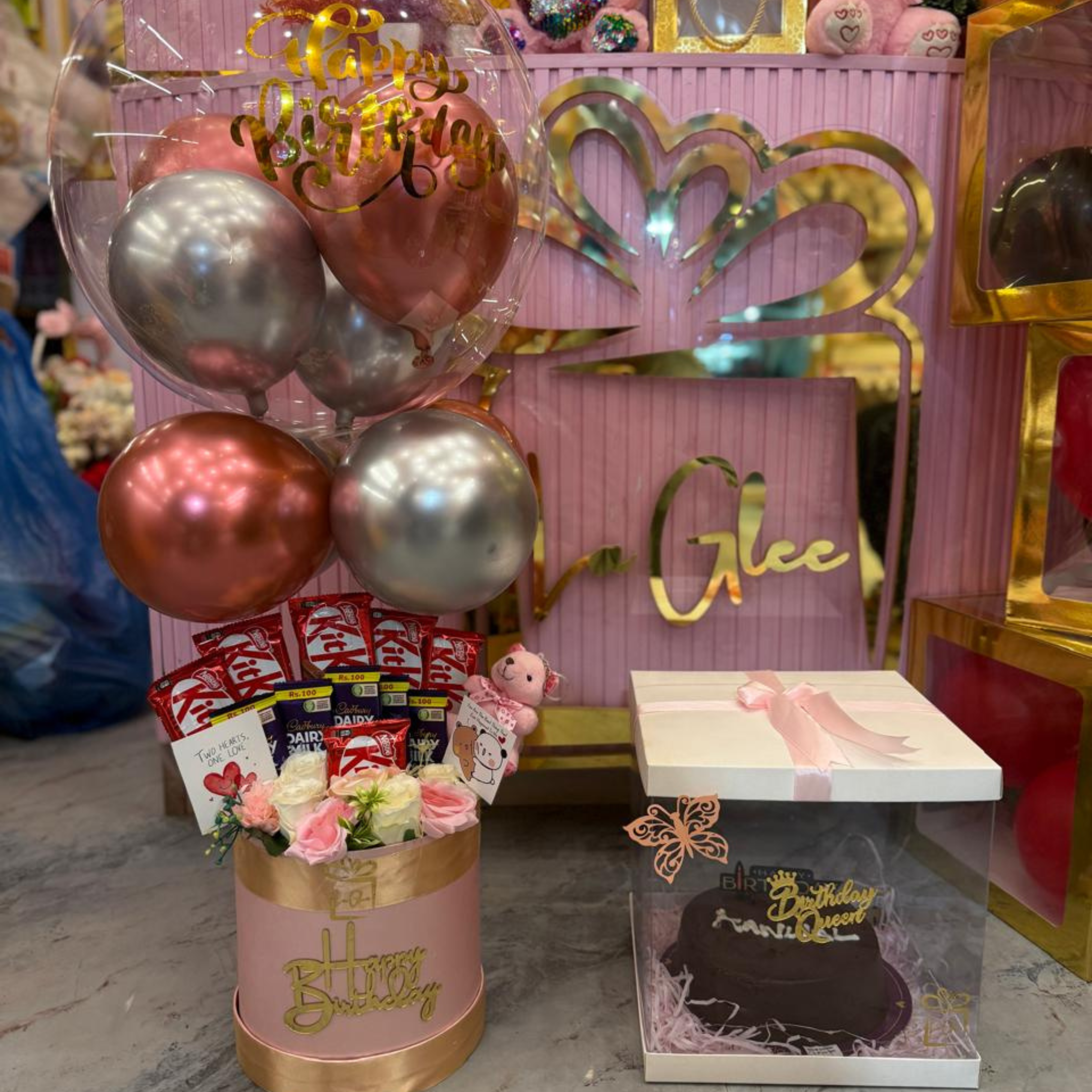 Royal Birthday Celebration Gift Box with Balloon Bouquet & Chocolate Cake