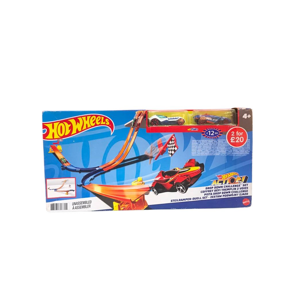 Hot Wheels Action Drop Down Challenge Track Set - Includes 2 Die-Cast Toy Cars, Gravity Slam Launcher & Finish Gate Flags