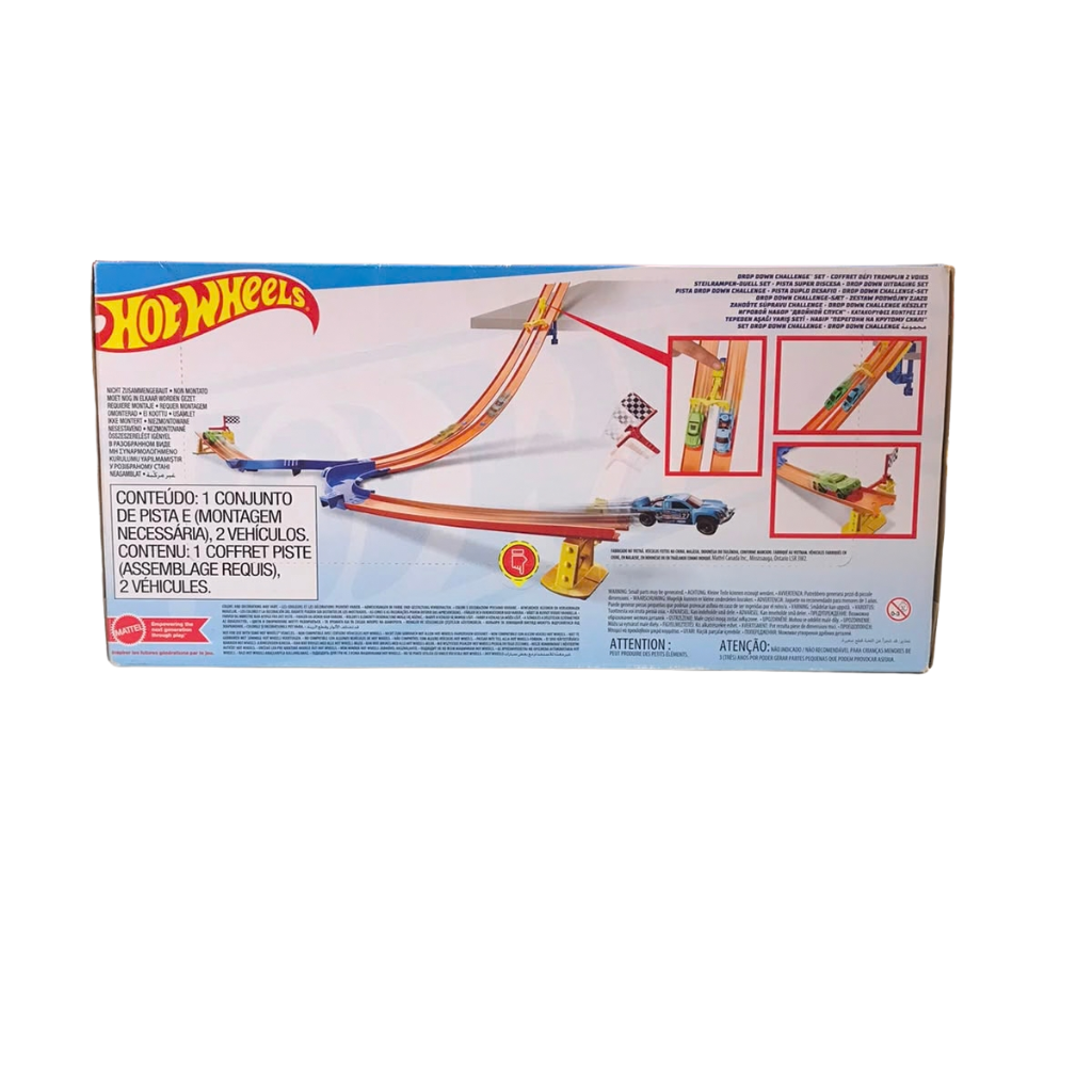 Hot Wheels Action Drop Down Challenge Track Set - Includes 2 Die-Cast Toy Cars, Gravity Slam Launcher & Finish Gate Flags