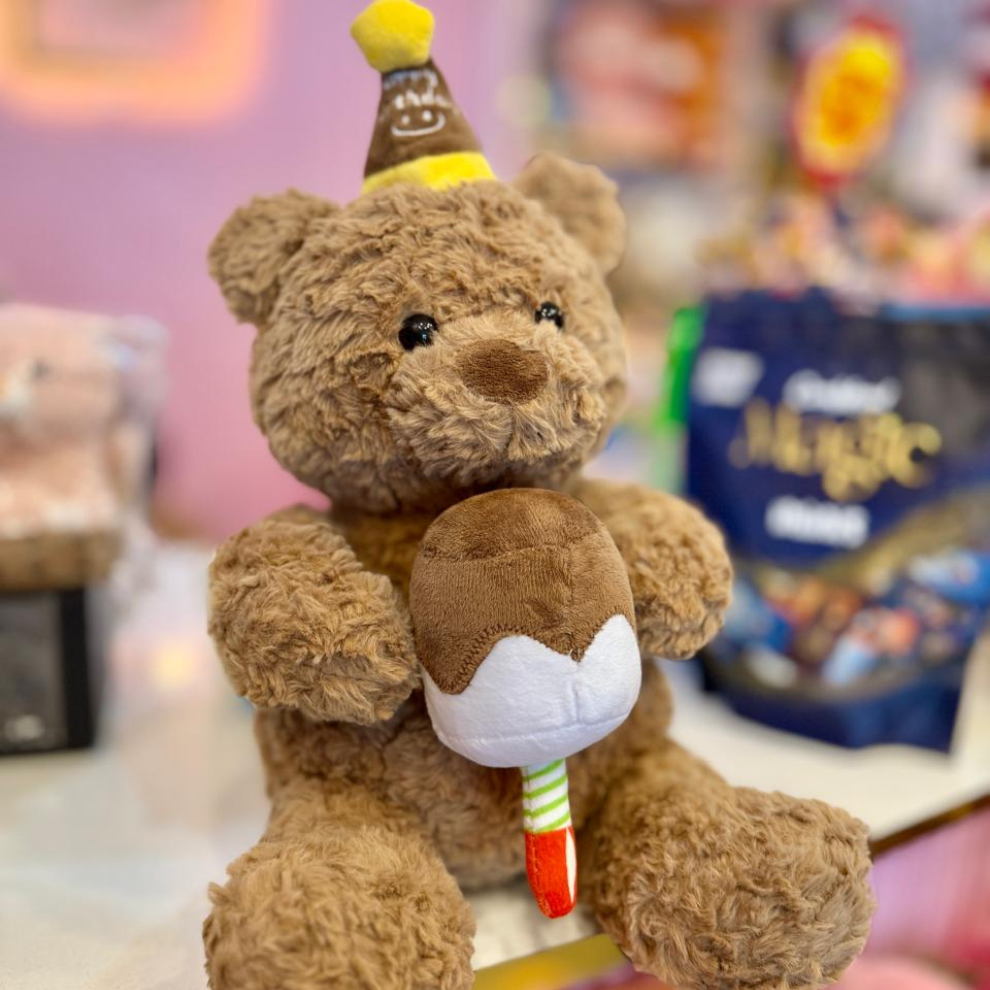 Plush Birthday Teddy Bear – Soft Stuffed Animal with Party Hat & Ice Cream Cone