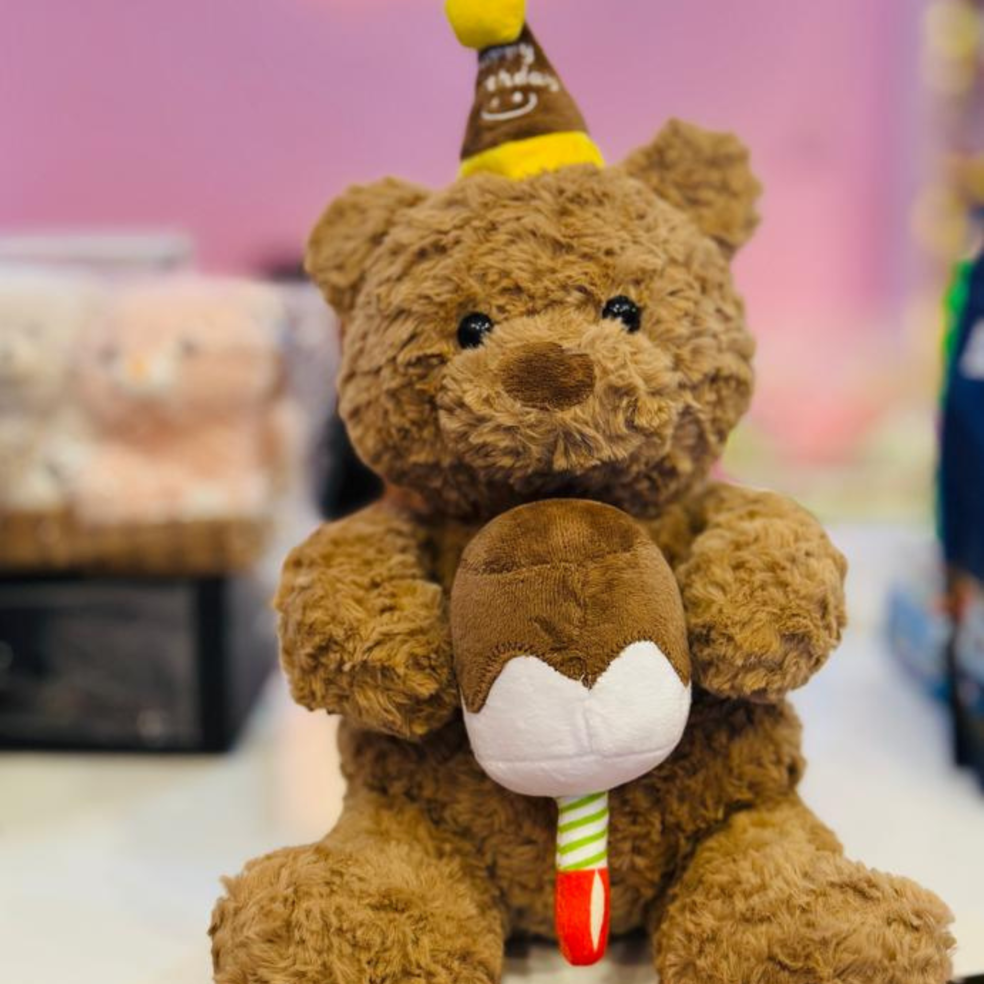 Plush Birthday Teddy Bear – Soft Stuffed Animal with Party Hat & Ice Cream Cone