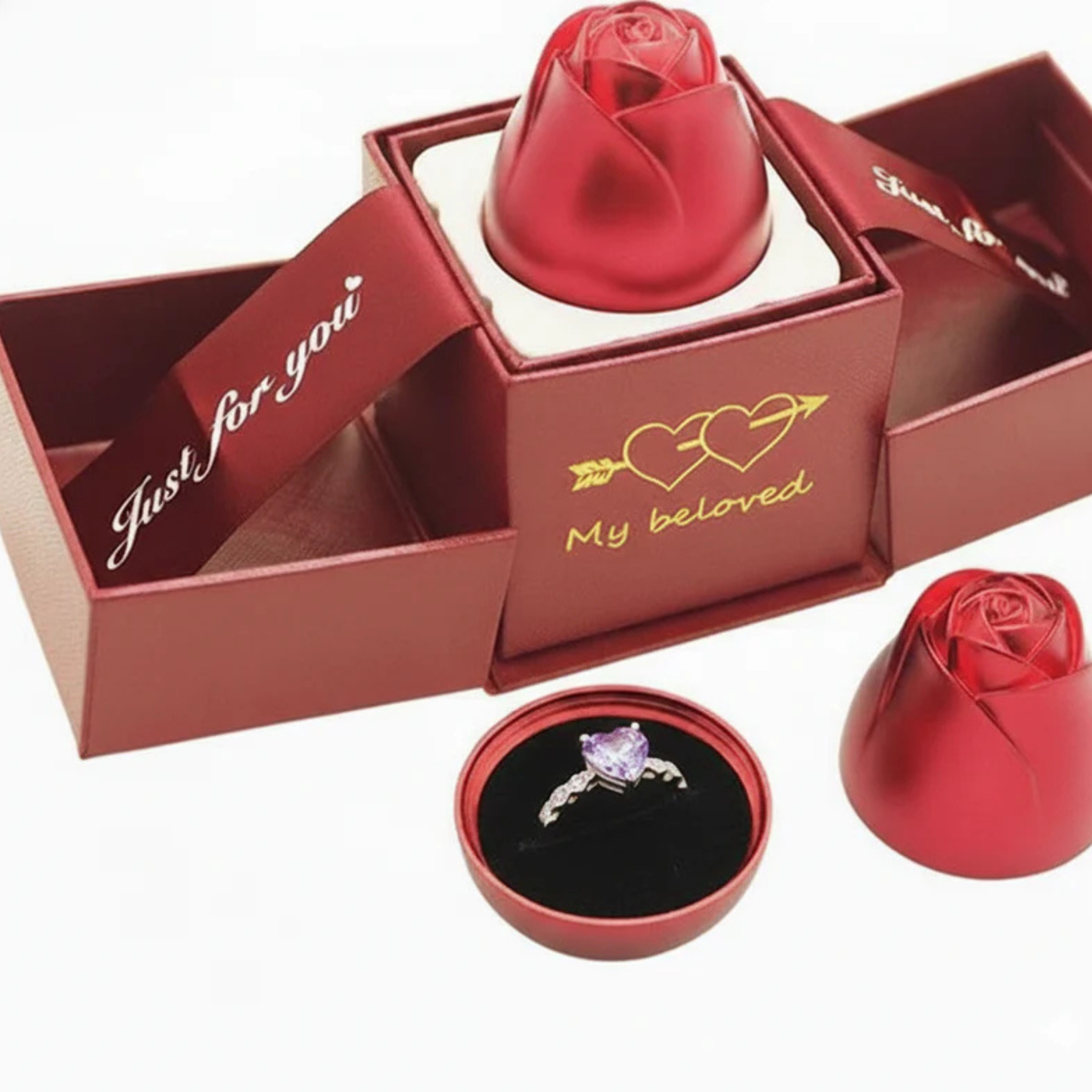 Double Door Lifting Rose Jewelry Box with Adjustable Silver Ring – Romantic Gift Box Secondary image