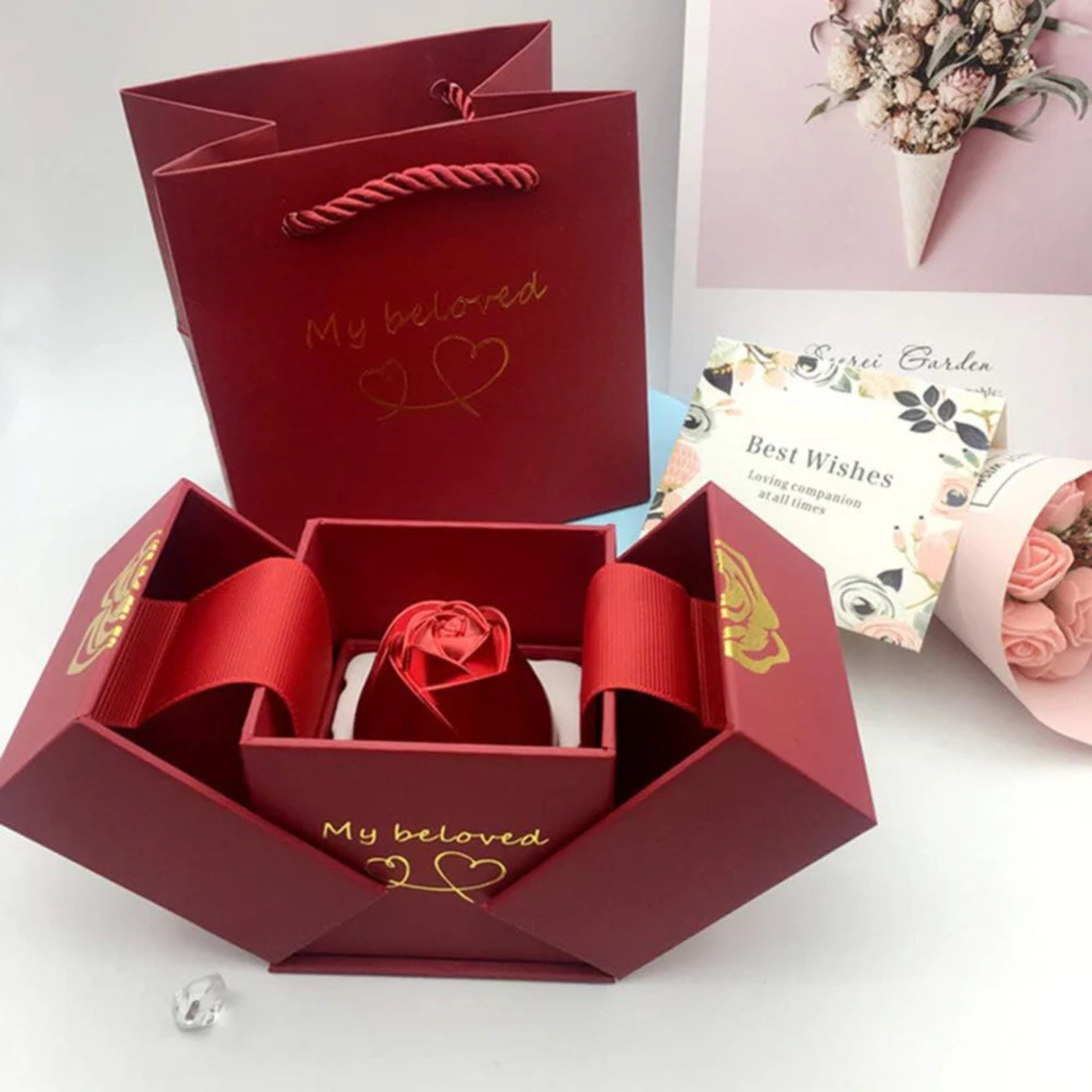 Double Door Lifting Rose Jewelry Box with Adjustable Silver Ring – Romantic Gift Box Main image
