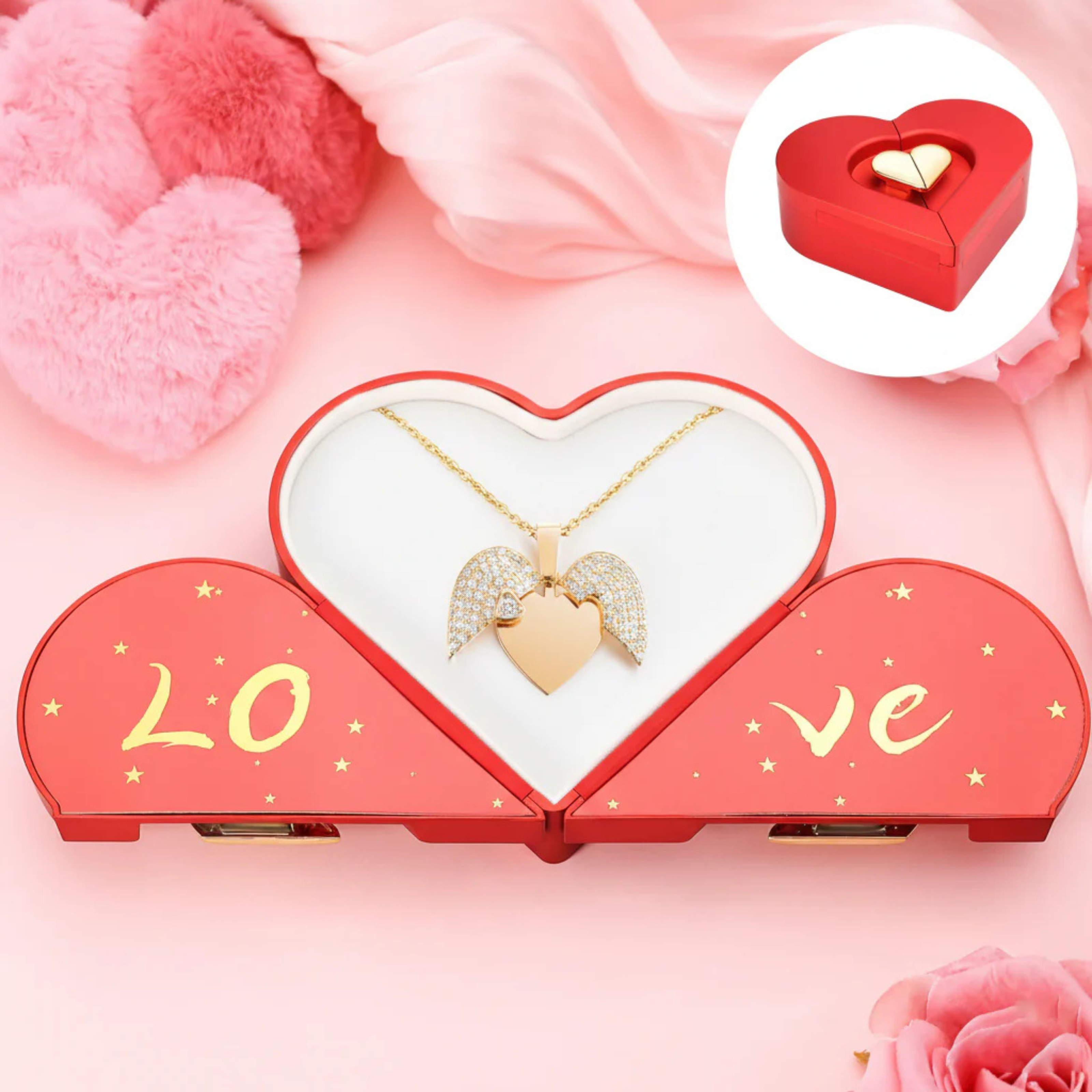 Love Open Heart Box with Heart Necklace – Valentine’s Day Double Open Jewelry Gift Box Main image