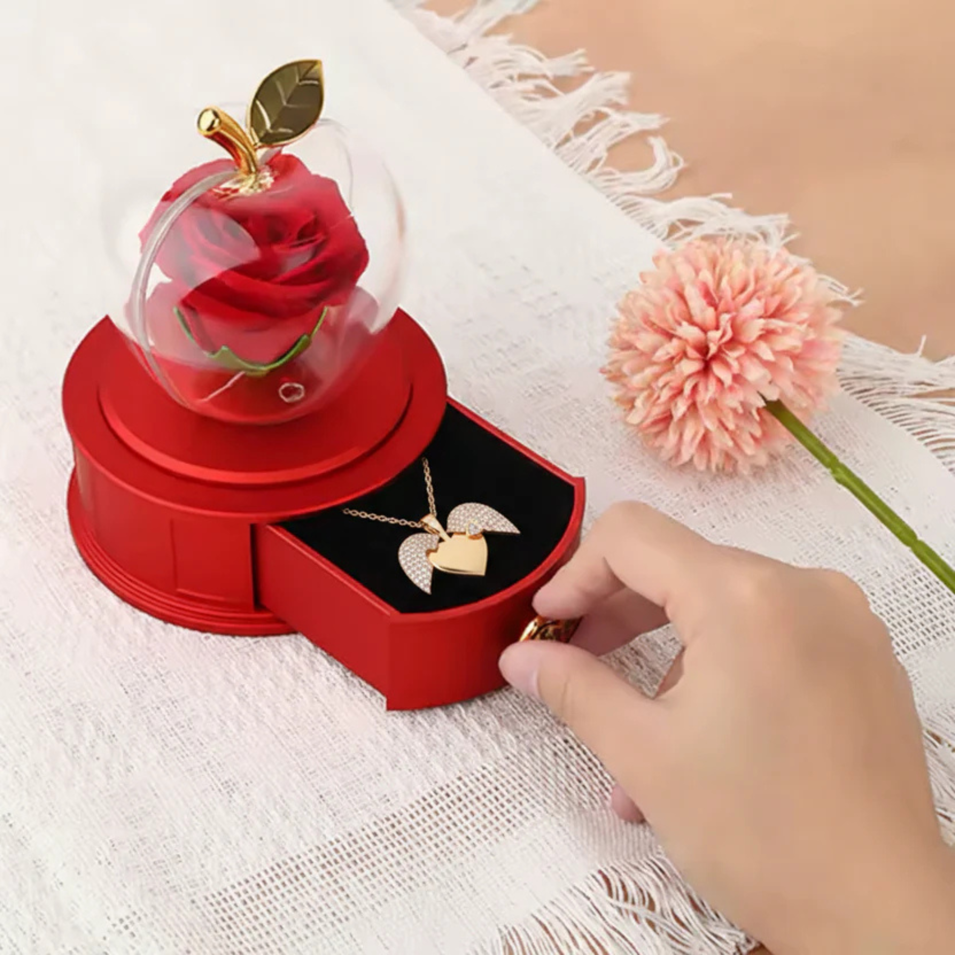 Luxury Eternal Rose Apple Jewelry Box with Gold Heart Necklace – Red Drawer Gift Handbag Secondary image