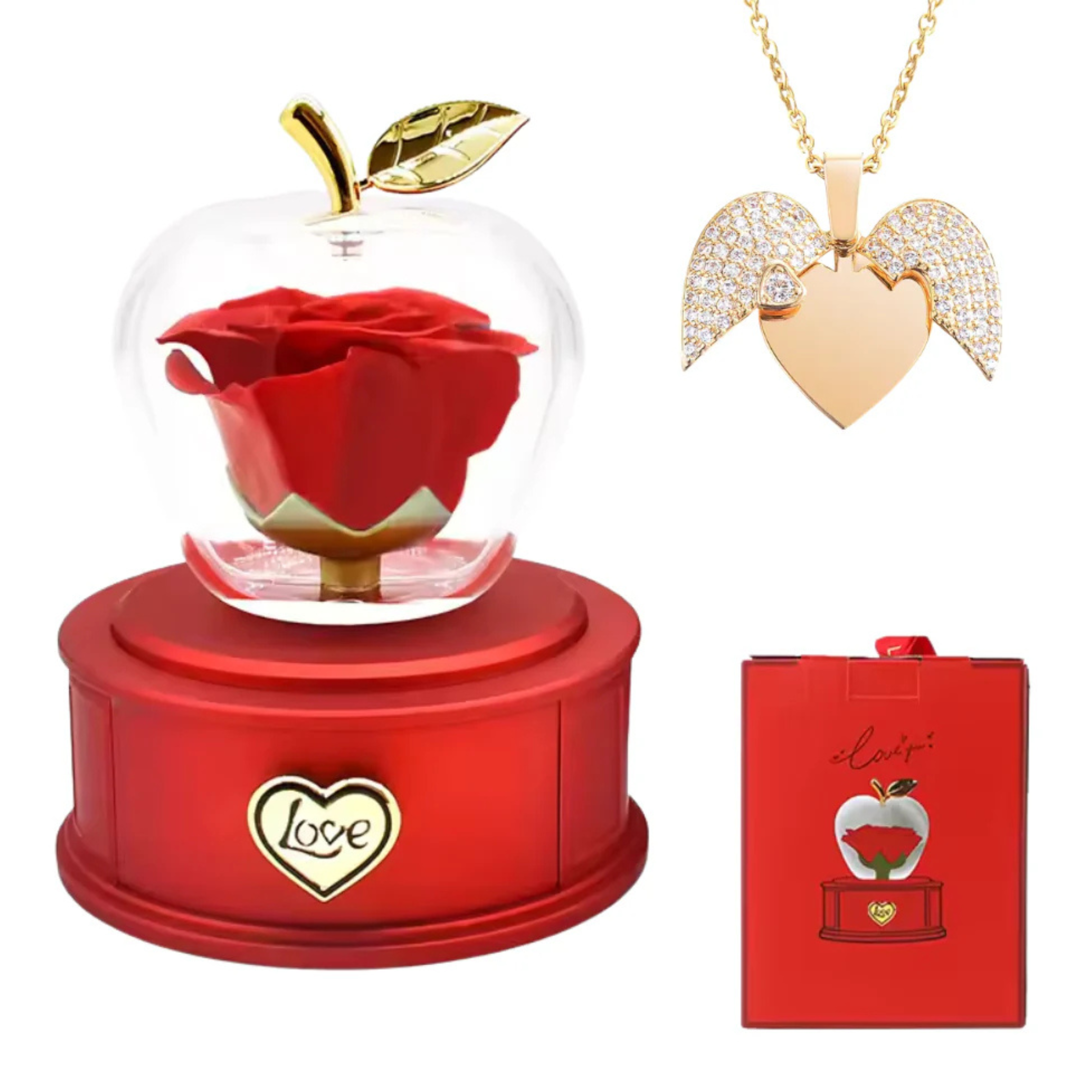 Luxury Eternal Rose Apple Jewelry Box with Gold Heart Necklace – Red Drawer Gift Handbag Main image