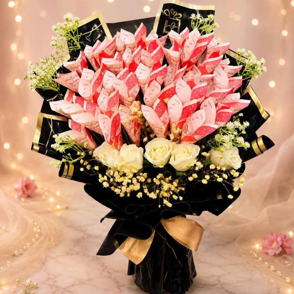 Pakistani Rupee 4000 Money Cones with White Roses Main image