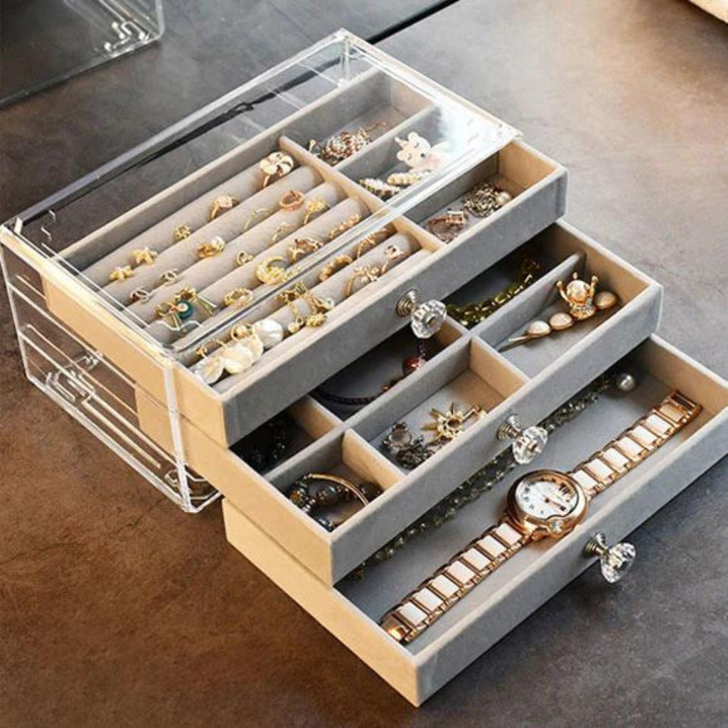 Acrylic Jewelry Box with 3 Drawers – Velvet Lined Organizer for Earrings, Rings, Necklaces & Bracelets – Elegant Display Case & Gift for Women