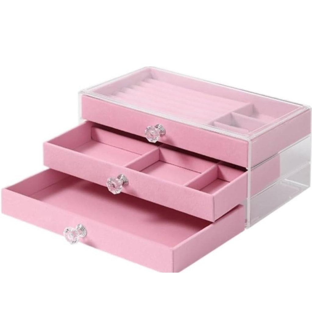 Acrylic Jewelry Box with 3 Drawers – Velvet Lined Organizer for Earrings, Rings, Necklaces & Bracelets – Elegant Display Case & Gift for Women Main image