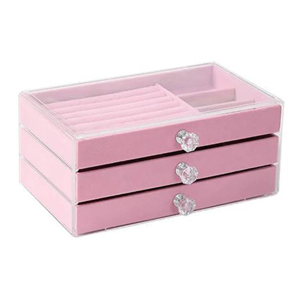 Acrylic Jewelry Box with 3 Drawers – Velvet Lined Organizer for Earrings, Rings, Necklaces & Bracelets – Elegant Display Case & Gift for Women