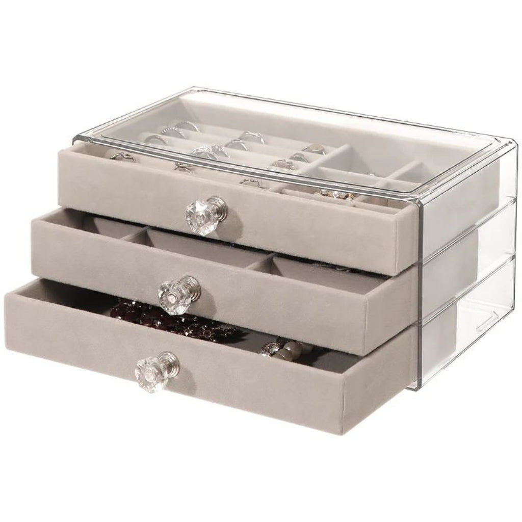Acrylic Jewelry Box with 3 Drawers – Velvet Lined Organizer for Earrings, Rings, Necklaces & Bracelets – Elegant Display Case & Gift for Women