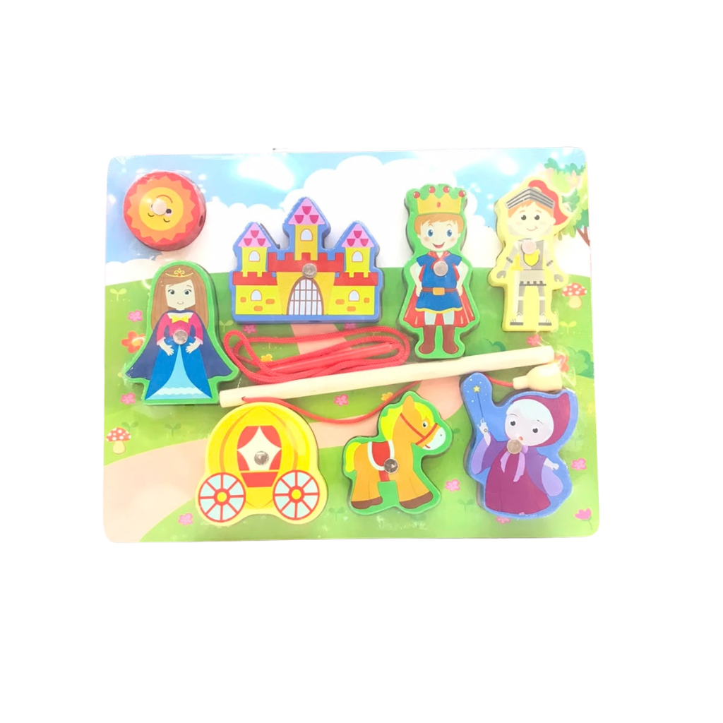 Wooden Magnetic Royal Kingdom Fishing & Lacing Toy Set - 2-in-1 Fairy Tale Castle Puzzle Skill Game for Toddlers