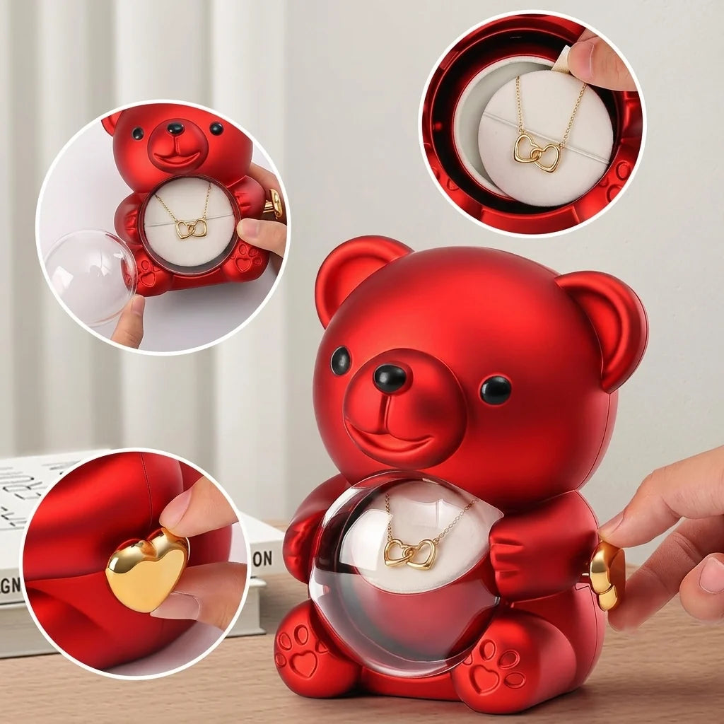 Teddy Bear Eternal Rose Box with Heart Necklace – Luxury Gift for Women - Large