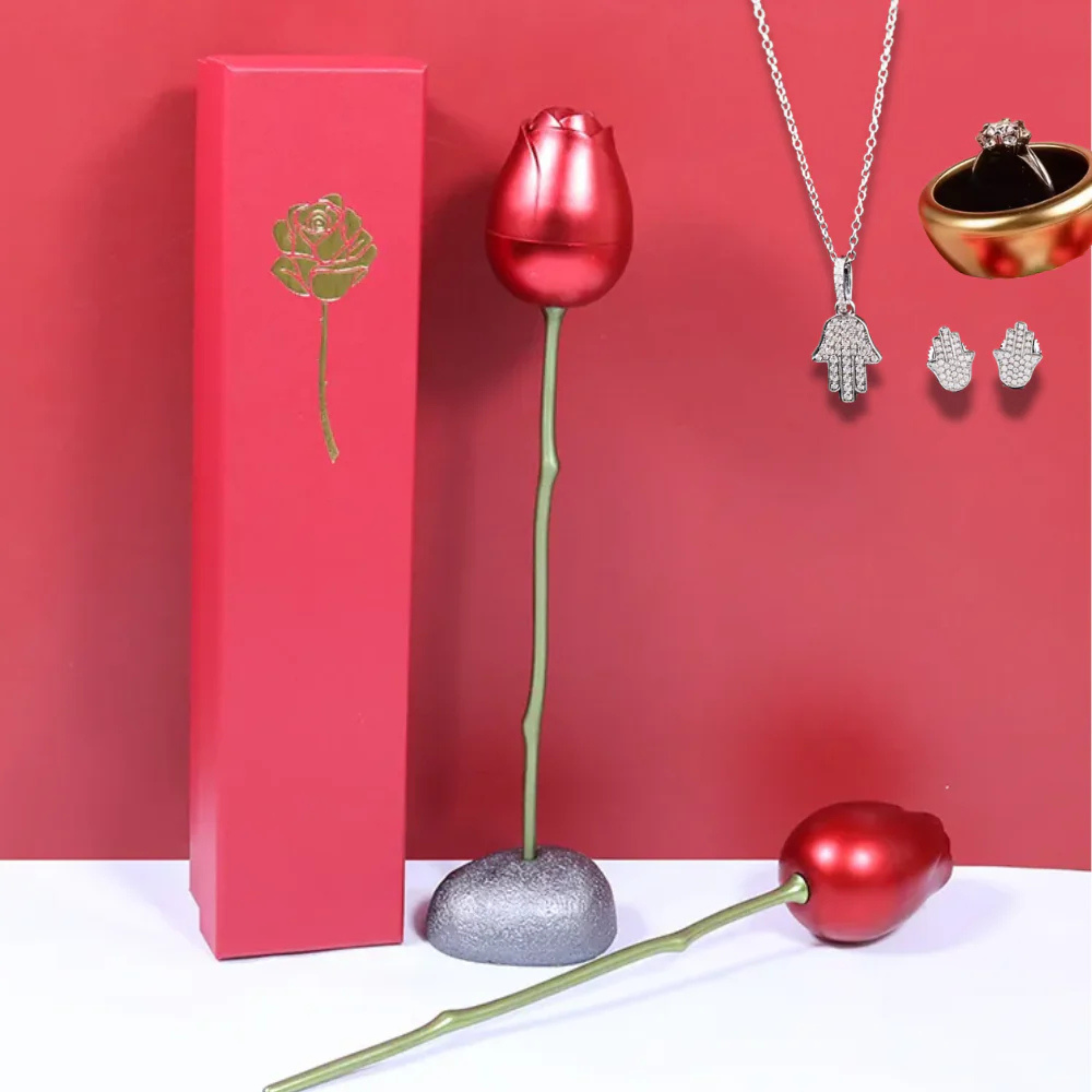 Romantic Metal Rose Flower Ring Box Set – Locket, Earrings & Silver Adjustable Promise Ring Secondary image