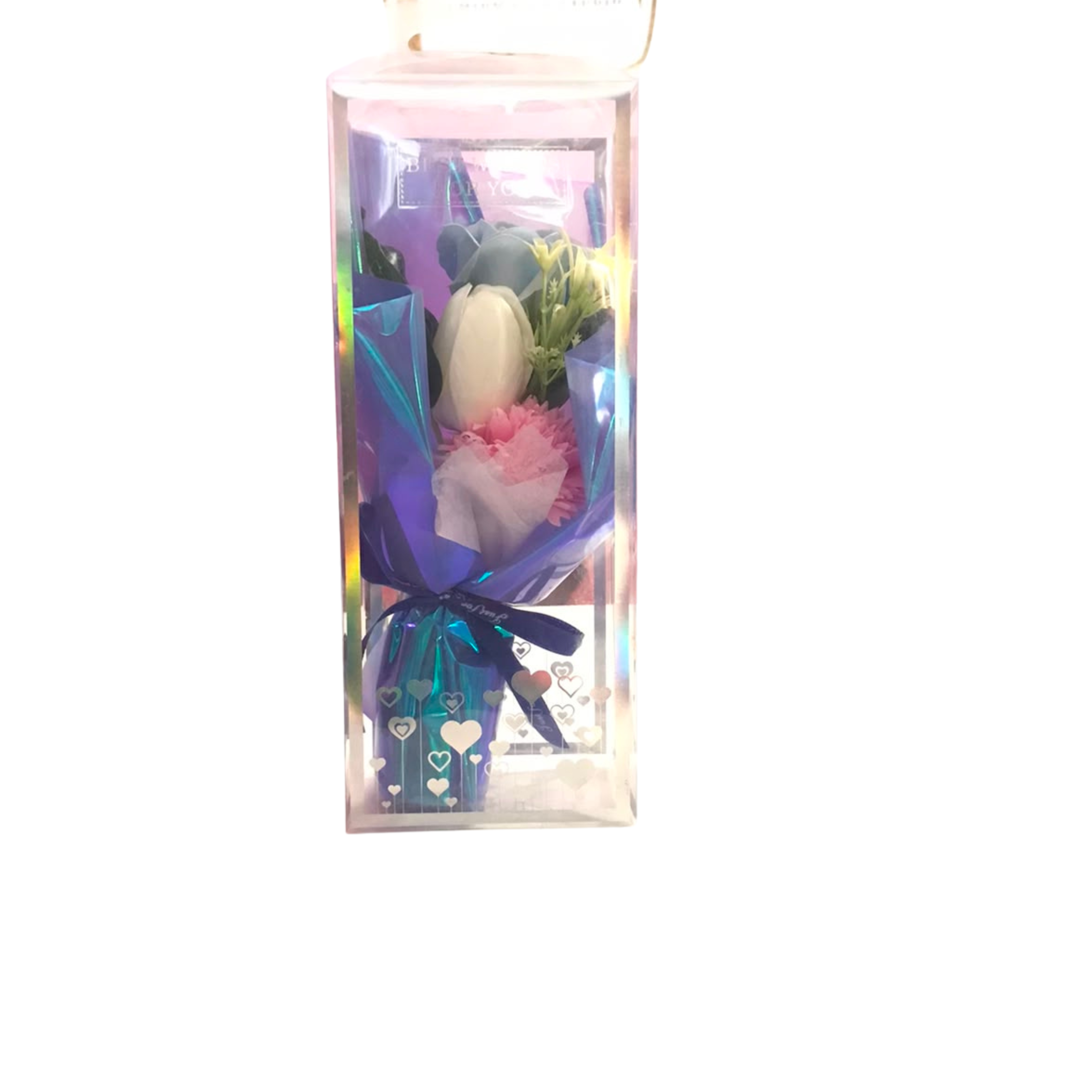 Artificial Soap Flower Bouquet in Holographic Clear Gift Box Main image