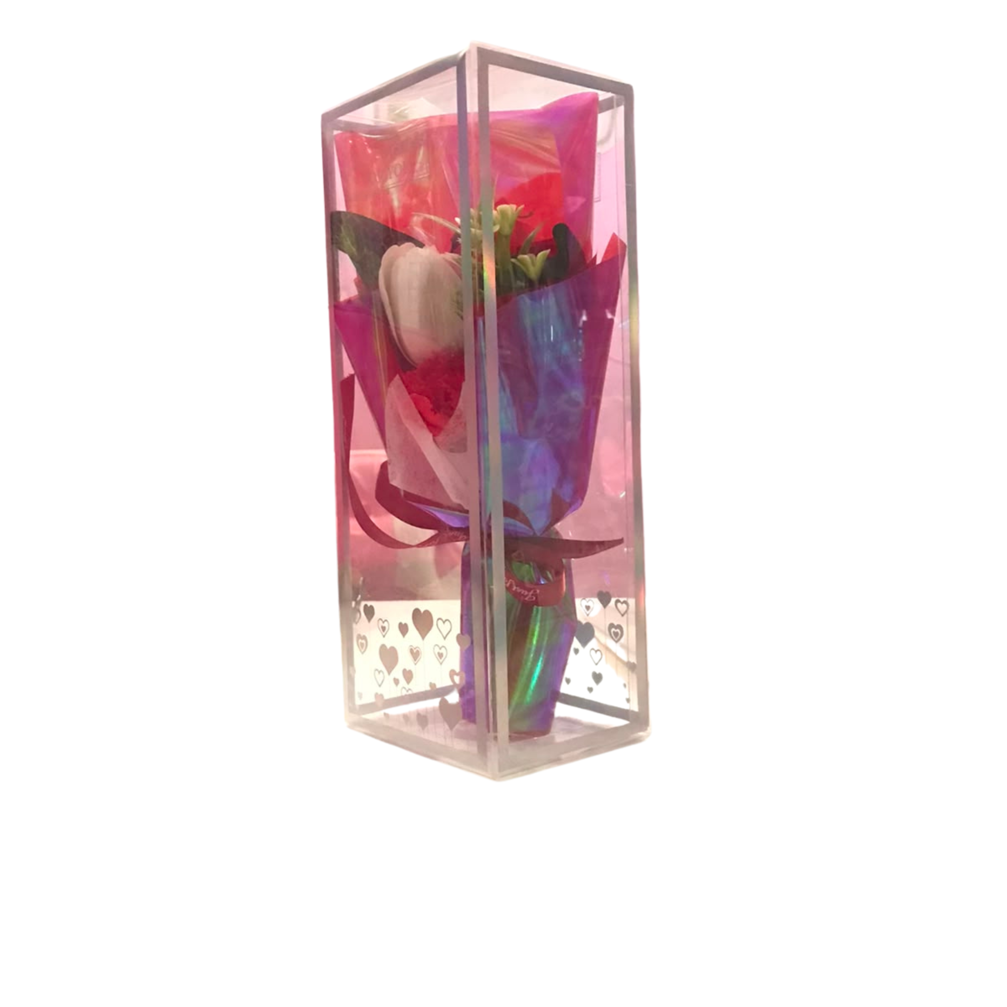 Artificial Soap Flower Bouquet in Clear Holographic Gift Box – Red & White Theme Secondary image