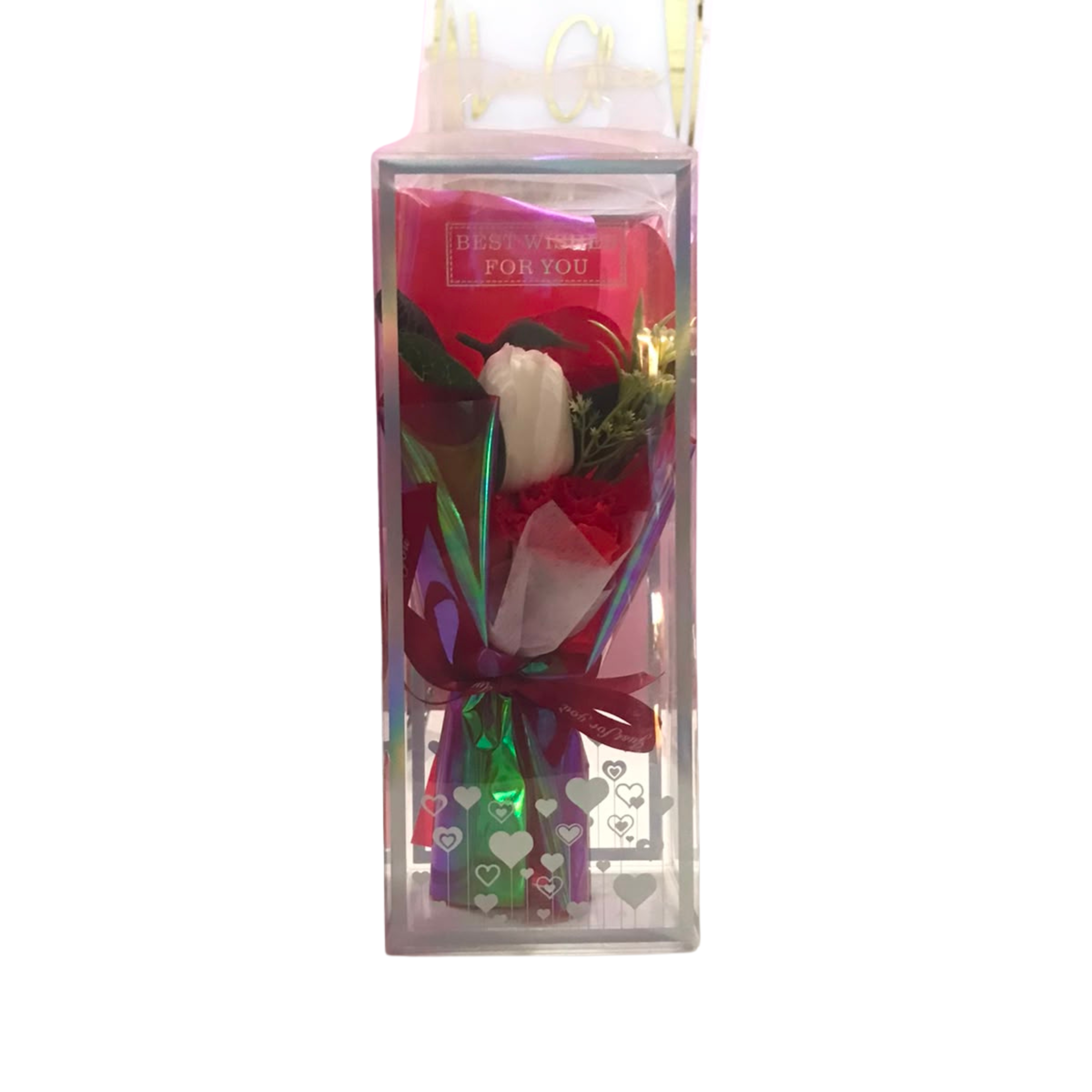 Artificial Soap Flower Bouquet in Clear Holographic Gift Box – Red & White Theme Main image