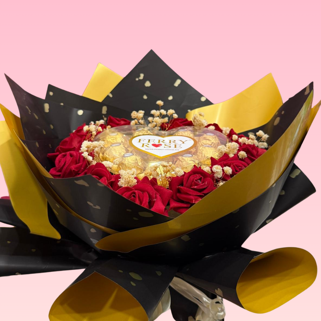 Luxury Ferry Rose Chocolate and Red Rose Gift Bouquet with Premium Gold Foil Wrapping