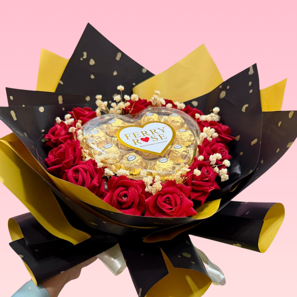 Luxury Ferry Rose Chocolate and Red Rose Gift Bouquet with Premium Gold Foil Wrapping Secondary image